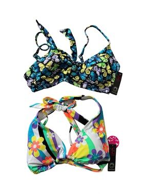 No Boundaries NOBO Bikini Top Lot x2 M Butterfly & Rainbow Floral NWT
